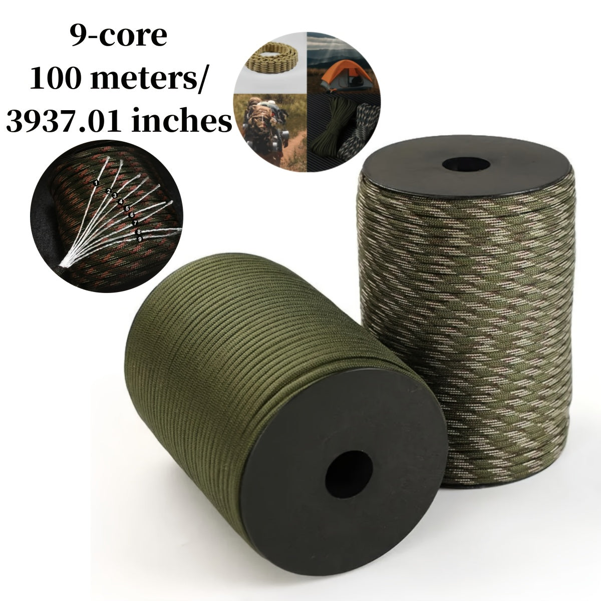 100m\u002F3937.01inch 9-Core Paracord Rope, 4mm Diameter, Polyamide Material, Fit, Tensile Strength Up to 5 lbs, for Outdoor Survival Gear, Camping Straps, and Umbrella Tent Lanyards